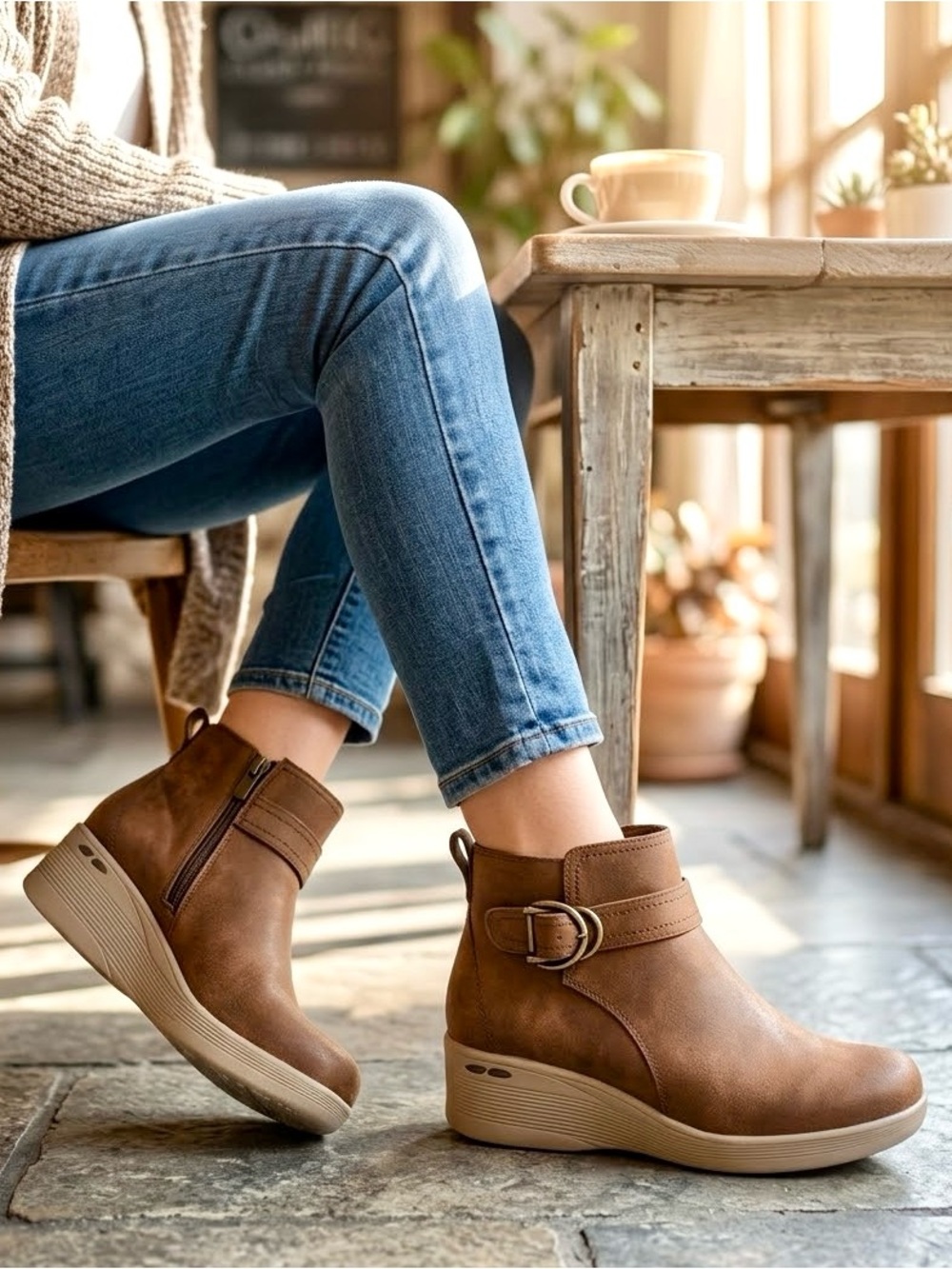 Skechers Air-Cooled Memory Foam Ankle Boots Women Sz 8.5 Brown Comfort Wedge Zip